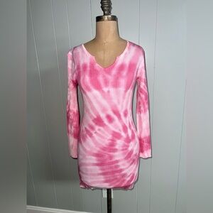 Pink Tie-Dye Ribbed Long Sleeve Dress